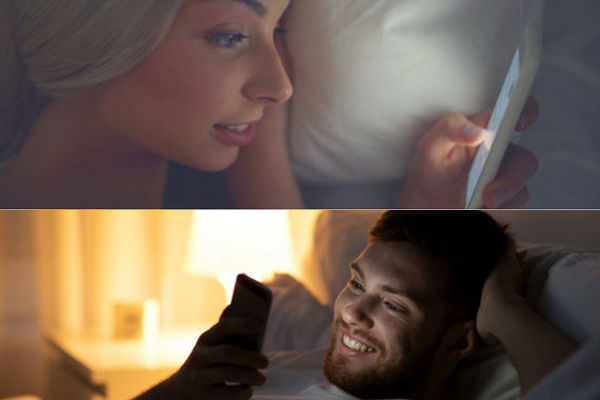man woman bed texting on phone for good night messages v2